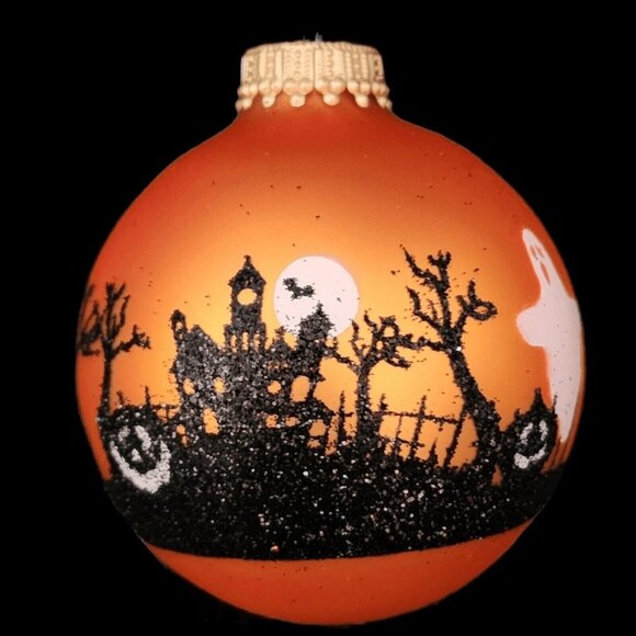 Halloween Haunted House Ghost Graveyard Orange Glass Ball Ornament Vintage - Picture 2 of 8